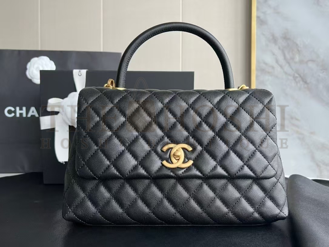 Ch**el Women Flap Bag with Top Handle in Grained Calfskin Leather-Black size:29cm Master Quality