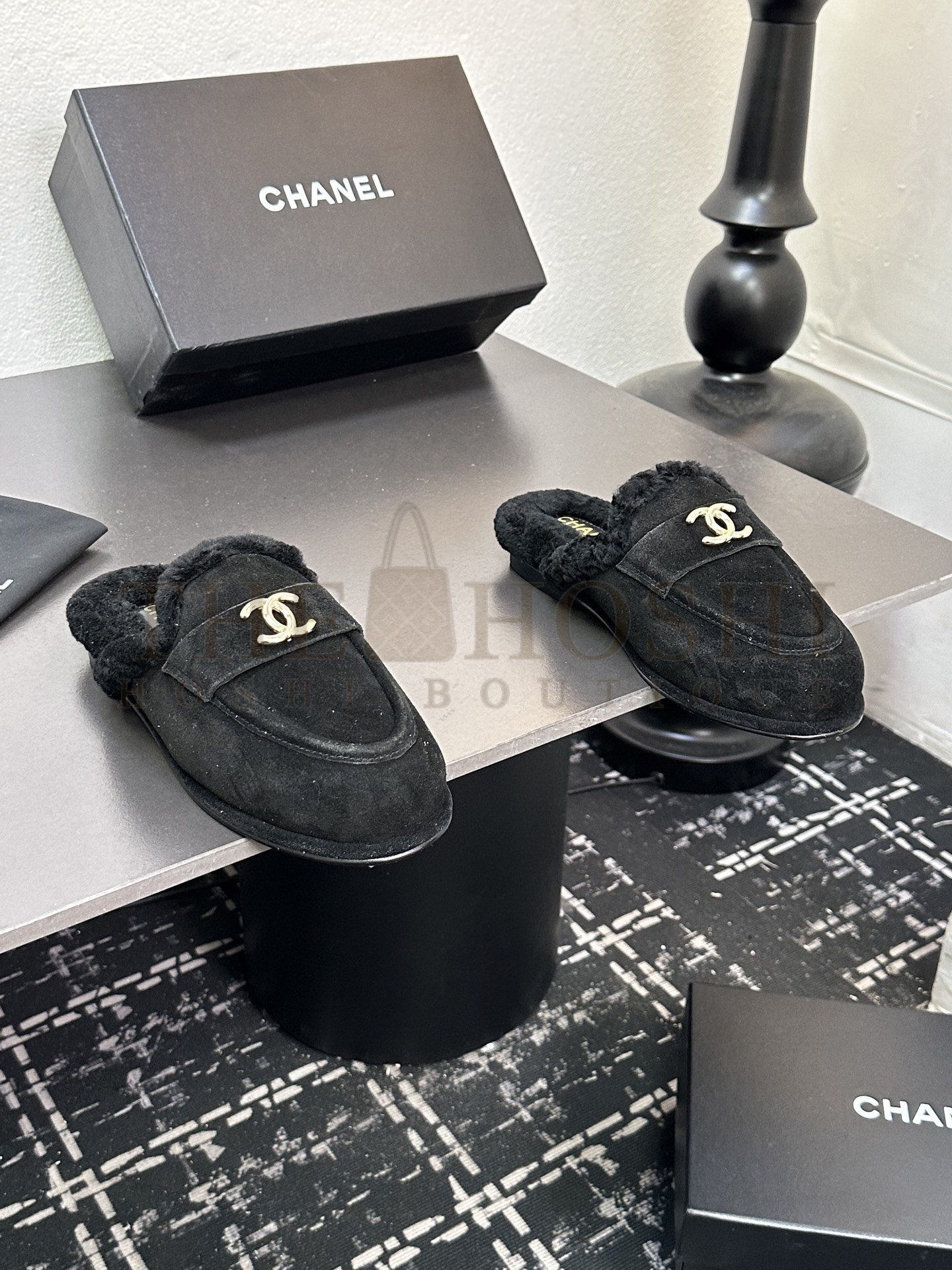 Ch**el CH 25K Fur Mule Slippers Suede Leather Shearling Lined 35-41 Master Quality