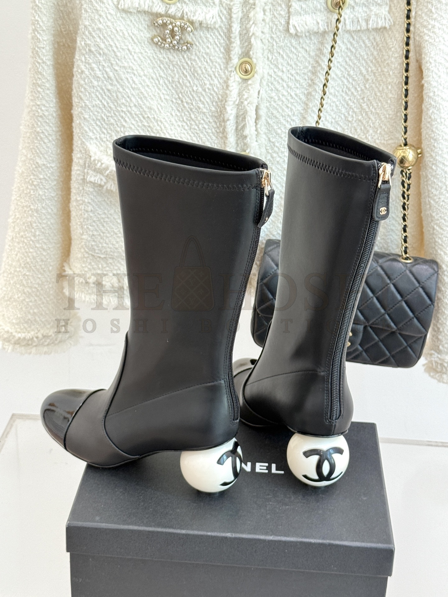 Ch**el Double C Pearl Decorated Platform Boots Black Lambskin Leather Sole Master Quality