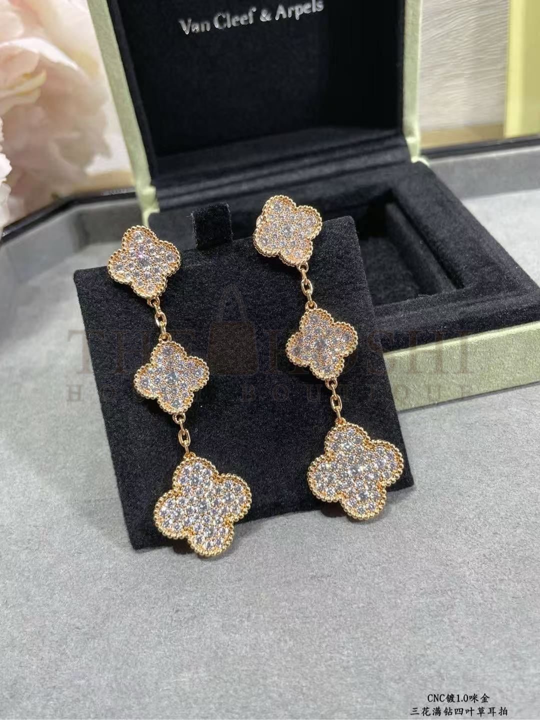 V*n Cl**f & Arpels VCA Alhambra 3-Flower Full D1am0nd Earrings Master Quality