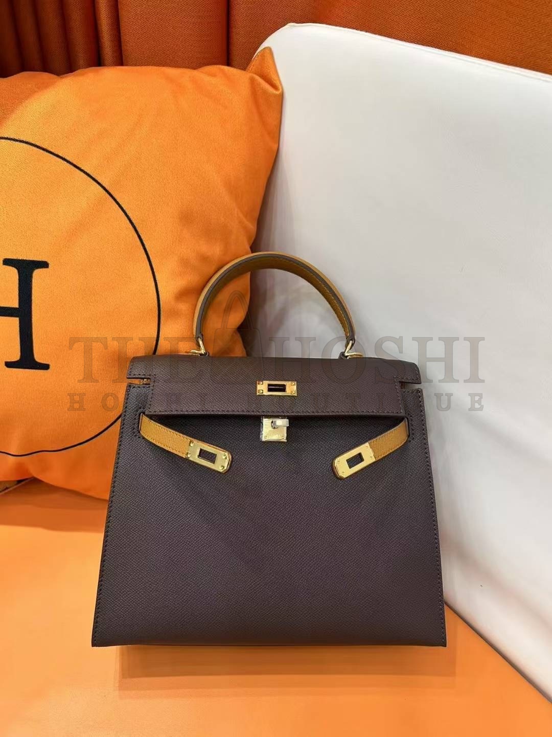 H**me5 Kelly 25cm Epsom Leather Bag Bois de Rose / Sesame Color Master Quality