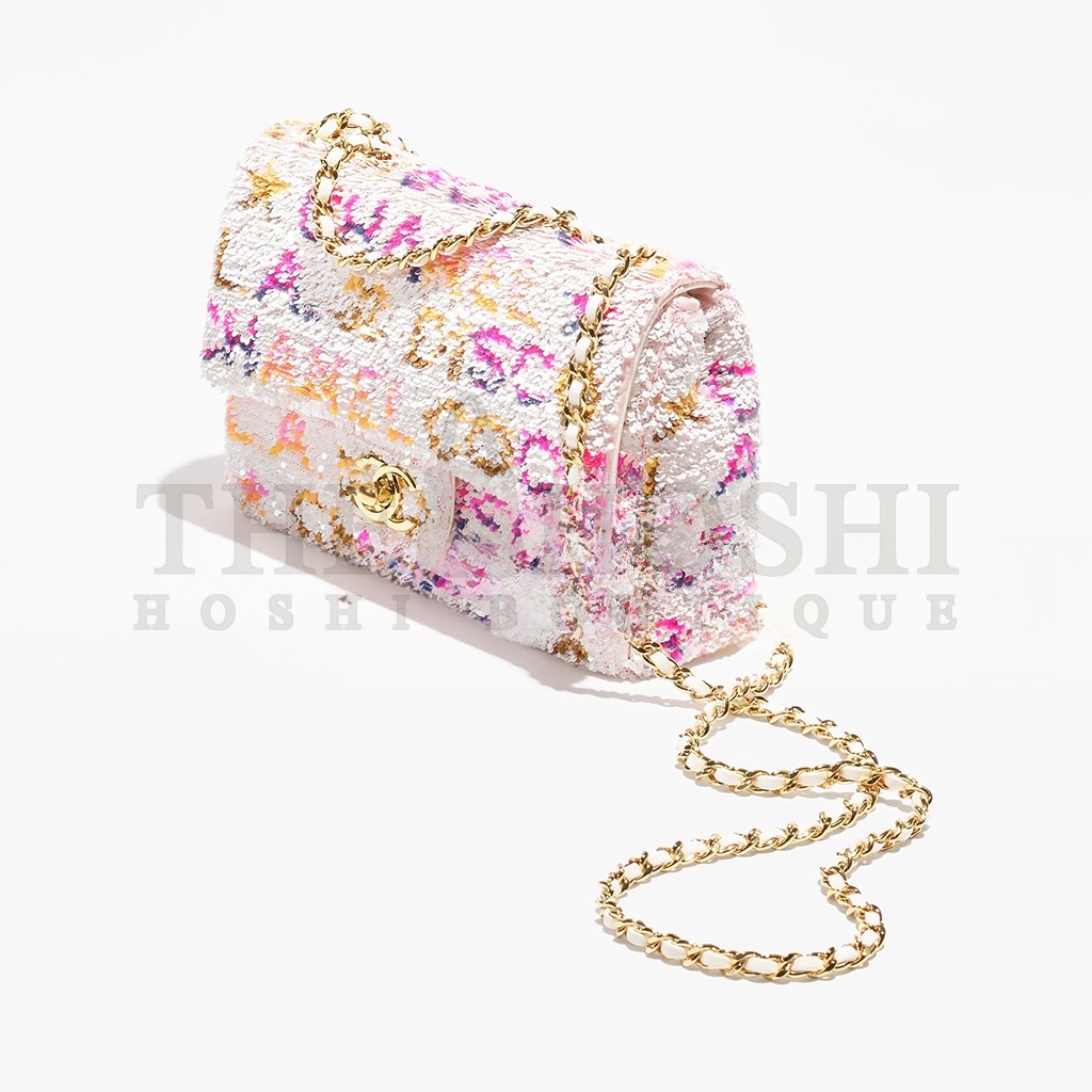 Ch**el SEQUIN LOGO CC SMALL SINGLE FLAP WHITE MULTICOLOR (20*13*6cm) Master Quality