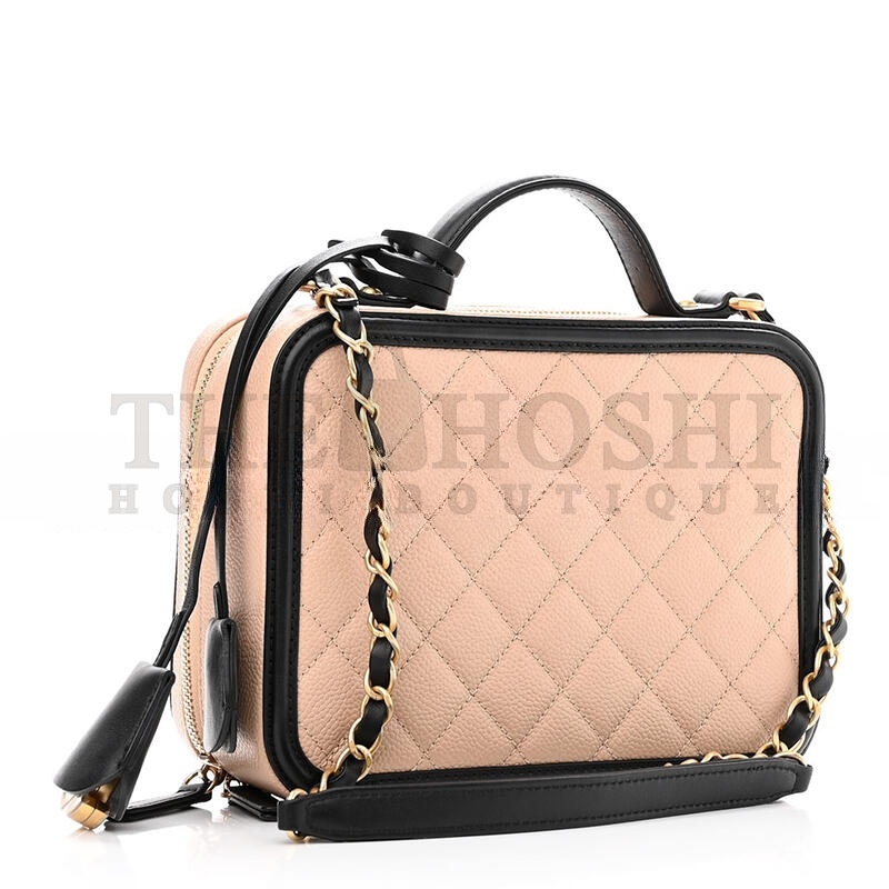 Ch**el CAVIAR QUILTED MEDIUM CC FILIGREE VANITY CASE BEIGE BLACK (20*15*8cm) Master Quality