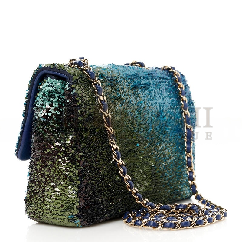 Ch**el SHADED SEQUINS MINI FLAP LIGHT GREEN DARK BROWN WHITE BLUE 1585379 (20*14*7cm) Master Quality