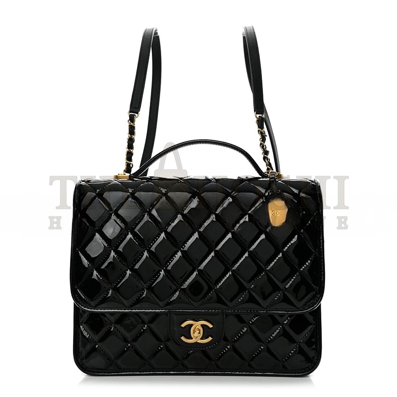 Ch**el LARGE FLAP BACKPACK BLACK PATENT ANTIQUE GOLD HARDWARE (30*23*10cm) Master Quality