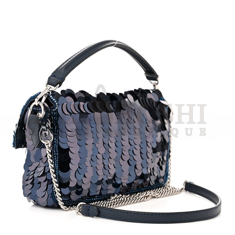 F**di SEQUIN PAILLETTES VITELLO GRACE STRIPED MINI BAGUETTE DARK BLUE LUNAI (19*11*5cm) Master Quality