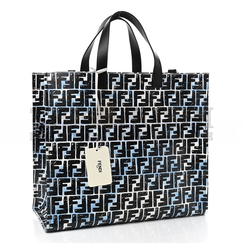 F**di X JOSHUA VIDES COATED CANVAS FF CLOUDY SHOPPING TOTE WHITE CELESTE BLACK (39*35*19cm) Master Quality
