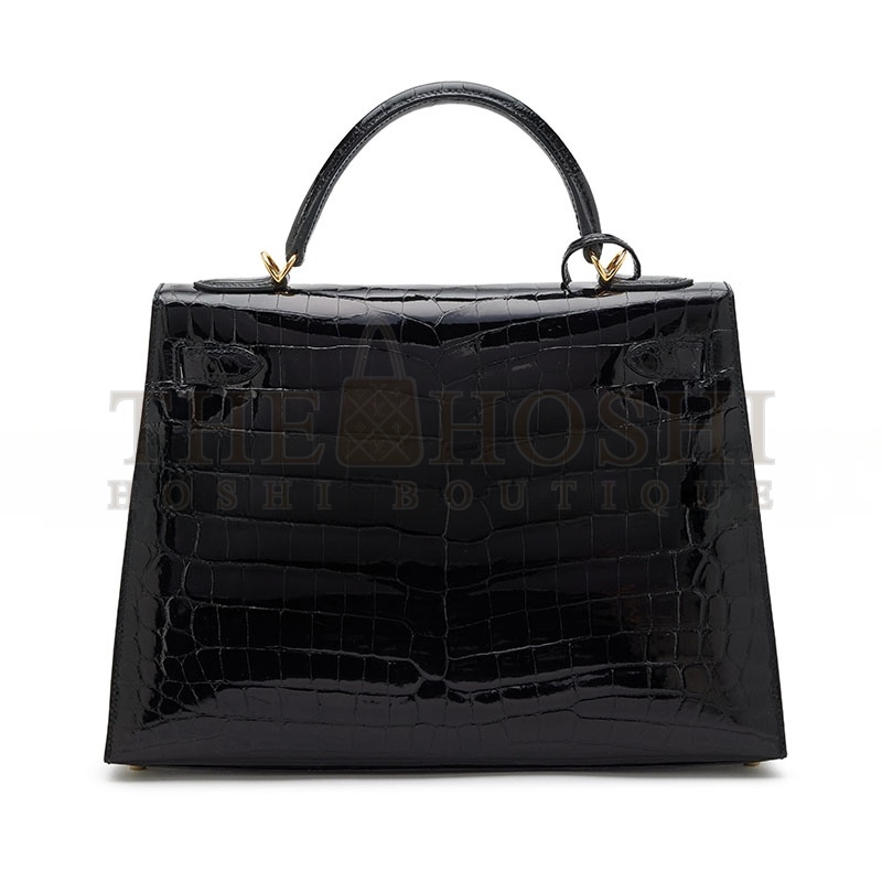 H**me5 BLACK SHINY NILOTICUS CROCODILE SELLIER KELLY 32 GOLD HARDWARE (32*23*11cm) Master Quality