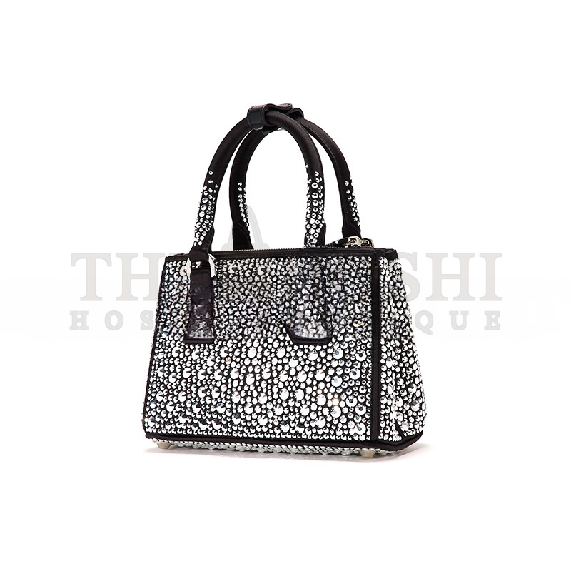 Pra*a BLACK SATIN AND CRYSTAL MINI GALLIERA TOTE BAG 1BA906 (20*15*9.5cm) Master Quality