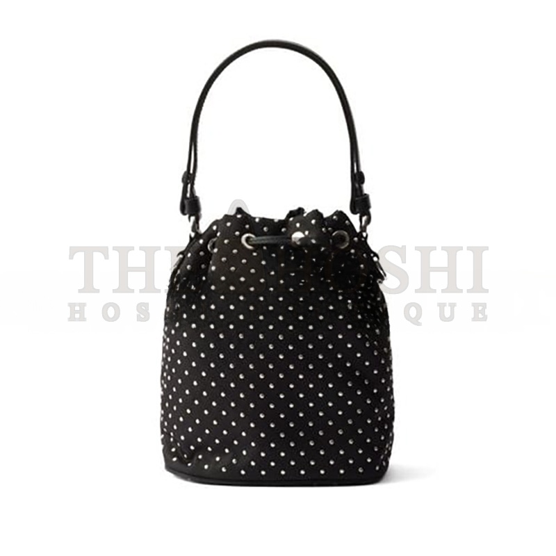Pra*a BLACK RE-NYLON MINI-BAG WITH STUDS 1NE067 (19.5*15.5*10cm) Master Quality