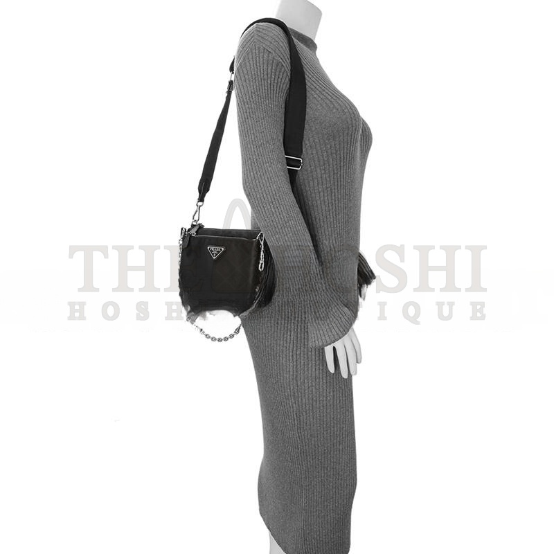 Pra*a BLACK RE-NYLON SAFFIANO DOUBLE POUCH SHOULDER BAG 1BH168 (22*16*4.5cm) Master Quality
