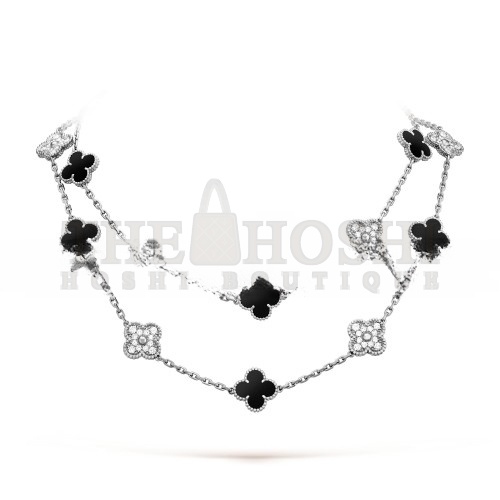 V*n Cl**f ARPELS VINTAGE ALHAMBRA LONG NECKLACE, 20 MOTIFS - WHITE GOLD, D1am0nd, ONYX  VCARP2R800 Master Quality