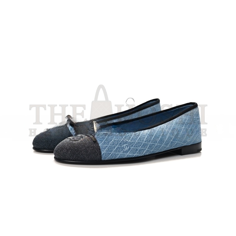 Ch**el DENIM PRINTED QUILT CC CAP TOE BALLERINA FLATS 157513 Master Quality