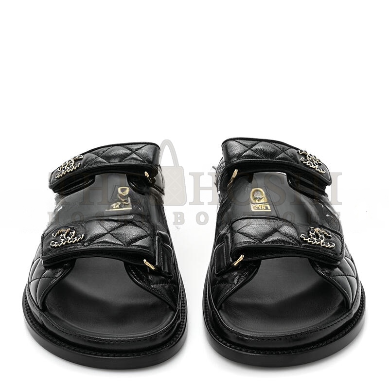 Ch**el LAMBSKIN QUILTED VELCRO DAD CHAIN CC SLIDE SANDALS BLACK G45507 Master Quality