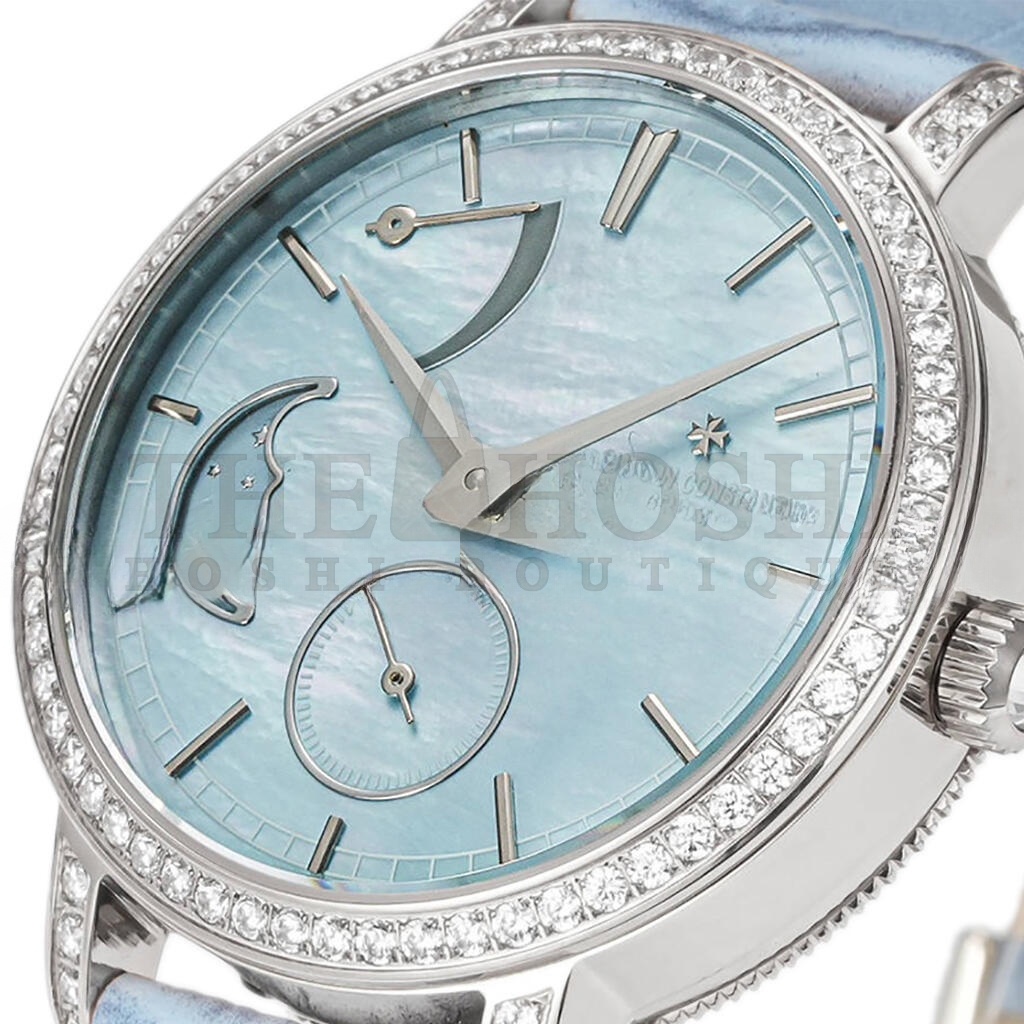 VACHERON C0nstan1n TRADITIONELLE MOON PHASE BLUE MOP DIAL WITH D1am0nd BEZEL IN WHITE GOLD ON BLUE LEATHER STRAP 36MM WATCH 83570/000G-9916 Master Quality